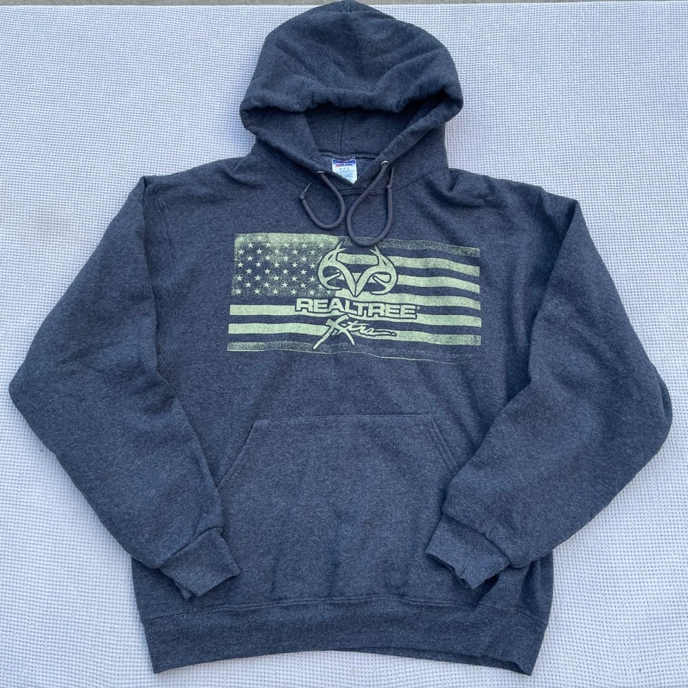 Jerzees Realtree Xtra American Flag Hoodie Mens Medium Charcoal Gray Pullover